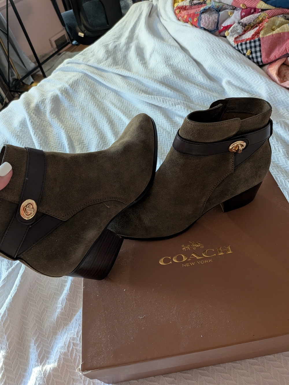Coach 9.5 Women’s Olive Suede Ankle Boots with Gold Accent Patricia